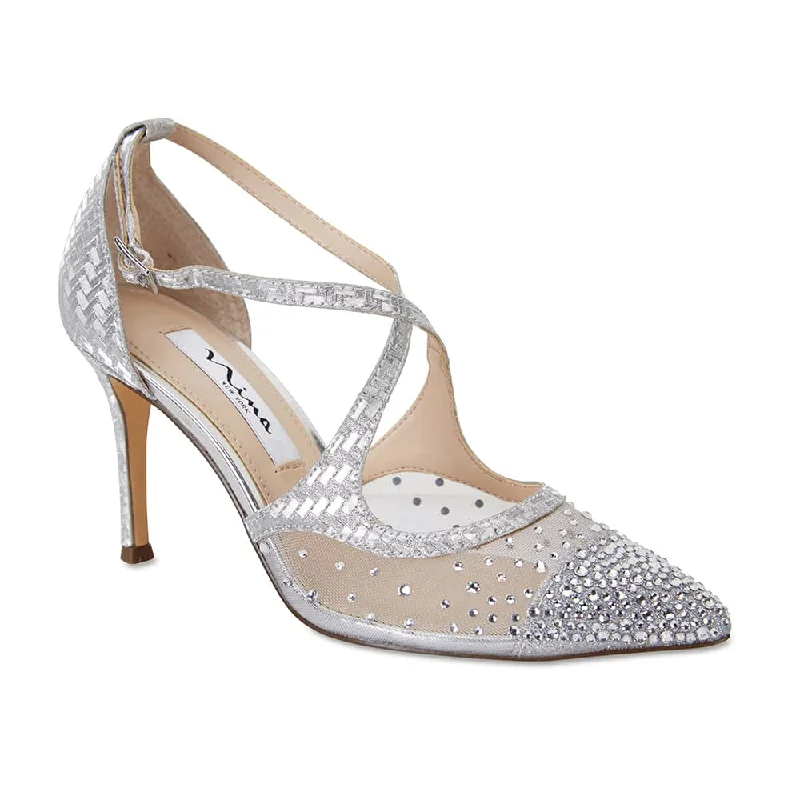 Conetta Heel in Silver Glitter Satin