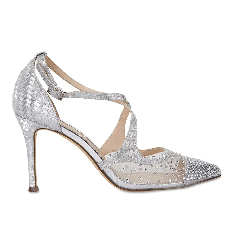 Conetta Heel in Silver Glitter Satin