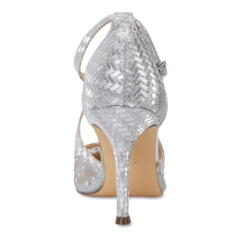 Conetta Heel in Silver Glitter Satin