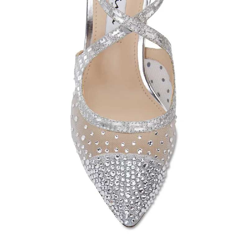 Conetta Heel in Silver Glitter Satin