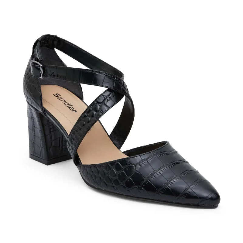 Kara Heel in Black Croc Leather