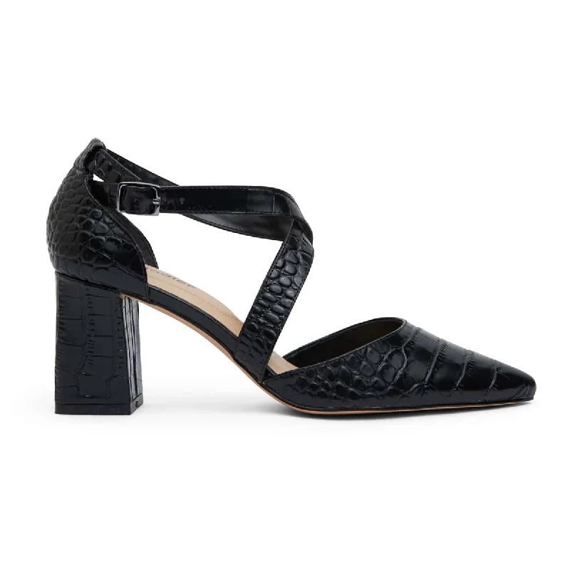 Kara Heel in Black Croc Leather