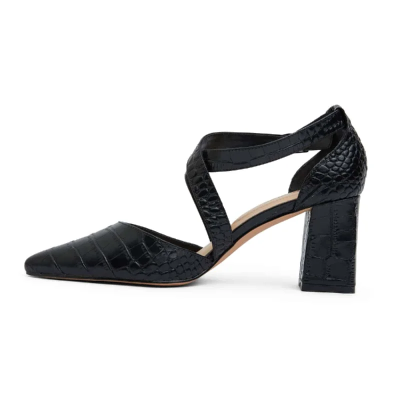 Kara Heel in Black Croc Leather