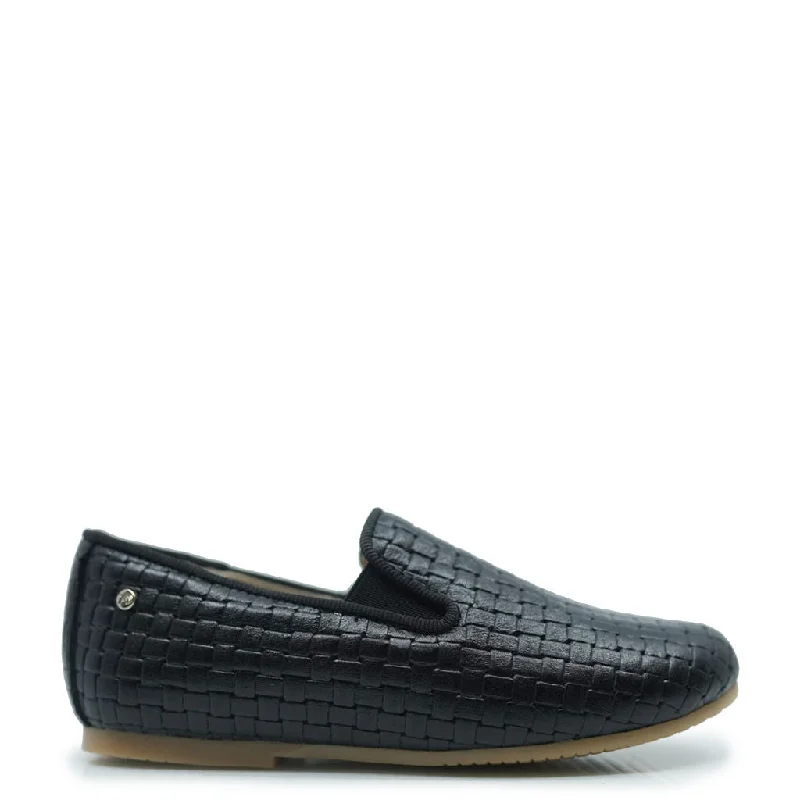 Manuela Black Leather Weave Smoking Loafer