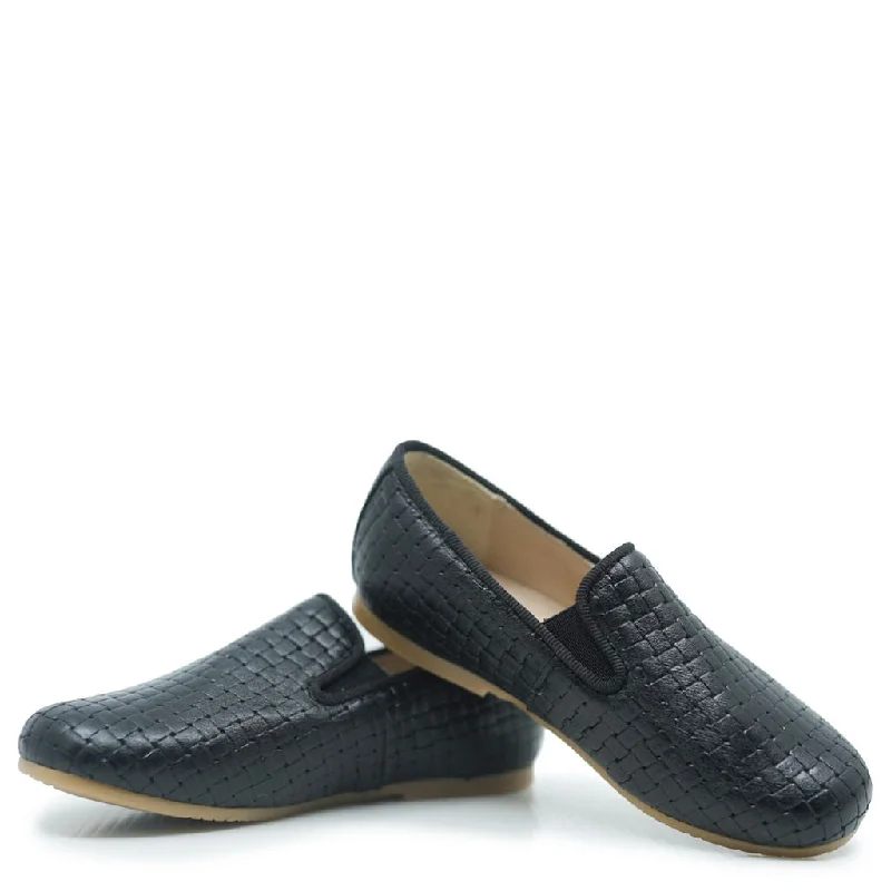 Manuela Black Leather Weave Smoking Loafer