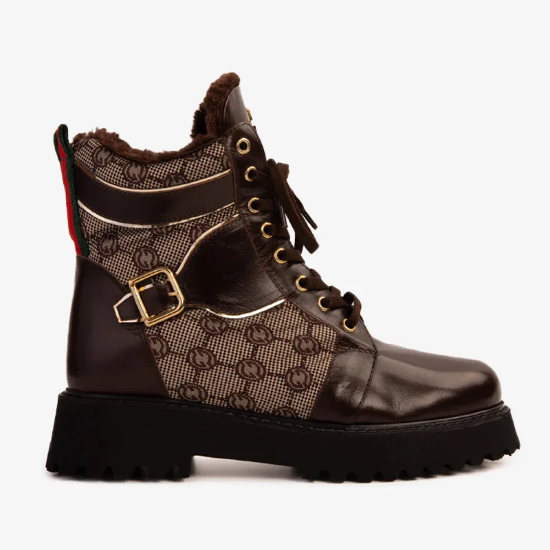 The Boston Leather Lace-Up Ankle Women Brown Boot With a Side Zipper