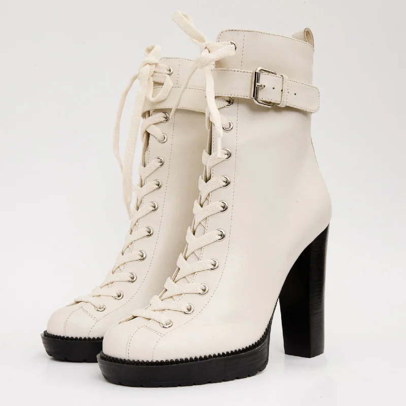 The Estrada Cream Leather Lace-Up Platform Heel Mid Calf Women Boot