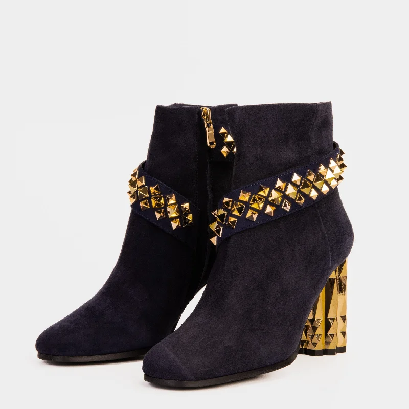 The Metal Navy Suede Leather Block Heel Women Boot