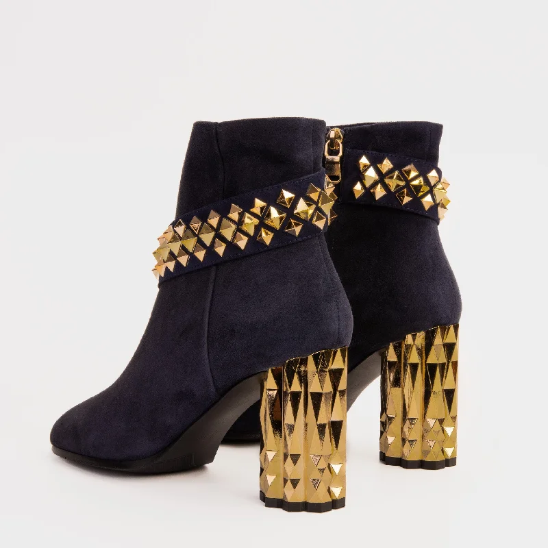 The Metal Navy Suede Leather Block Heel Women Boot