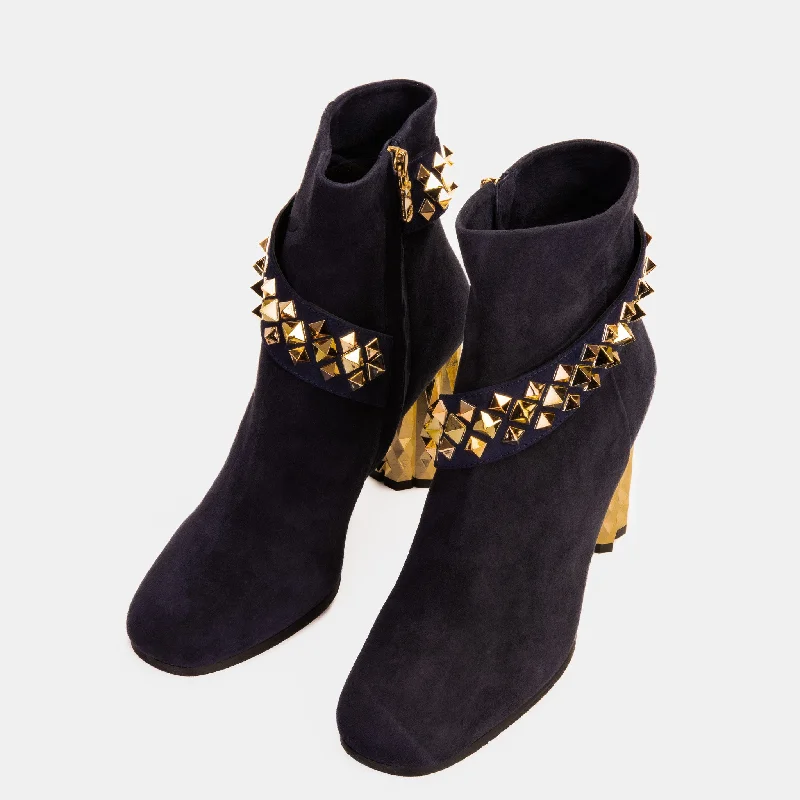 The Metal Navy Suede Leather Block Heel Women Boot