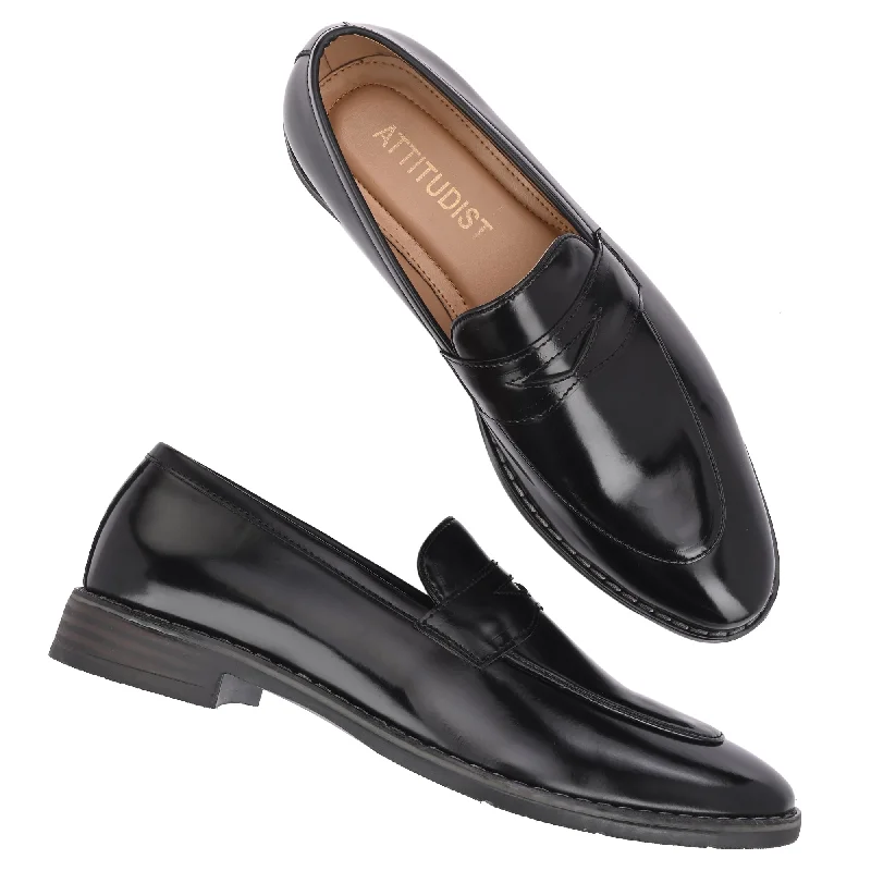 Attitudist Unisex Handcrafted Glossy Black Penny Loafer With Double Stitched Welts