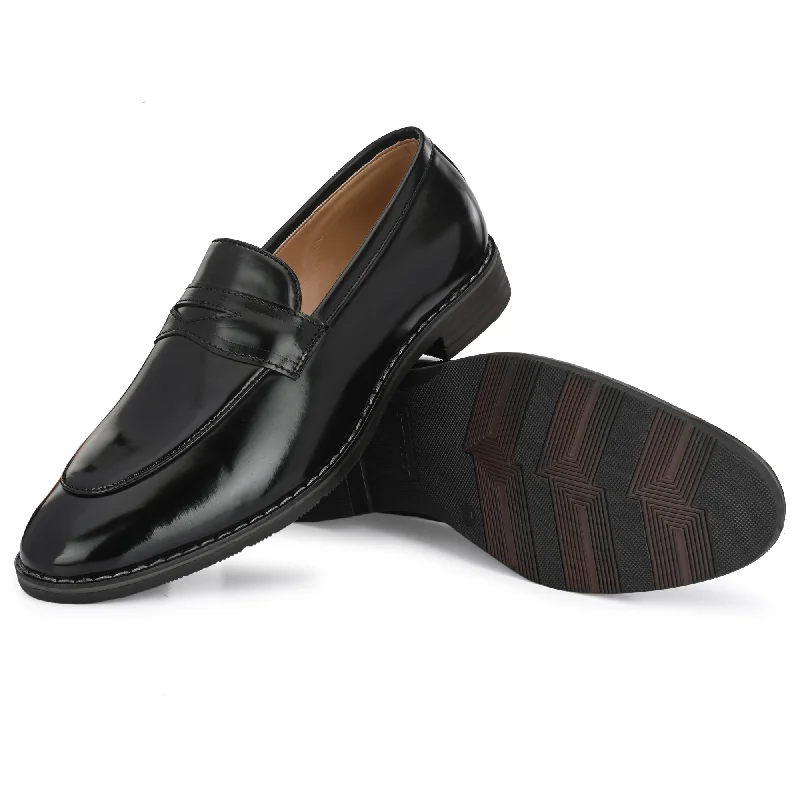 Attitudist Unisex Handcrafted Glossy Black Penny Loafer With Double Stitched Welts