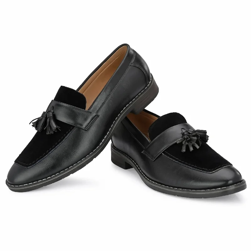 Attitudist Unisex Handcrafted Black Plain Tassel Loafer With Double Stitched Vamp