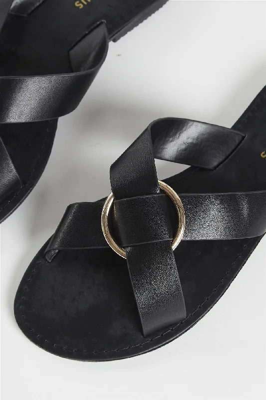 Black PU Flat Sandals