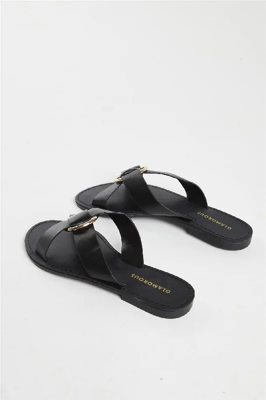 Black PU Flat Sandals