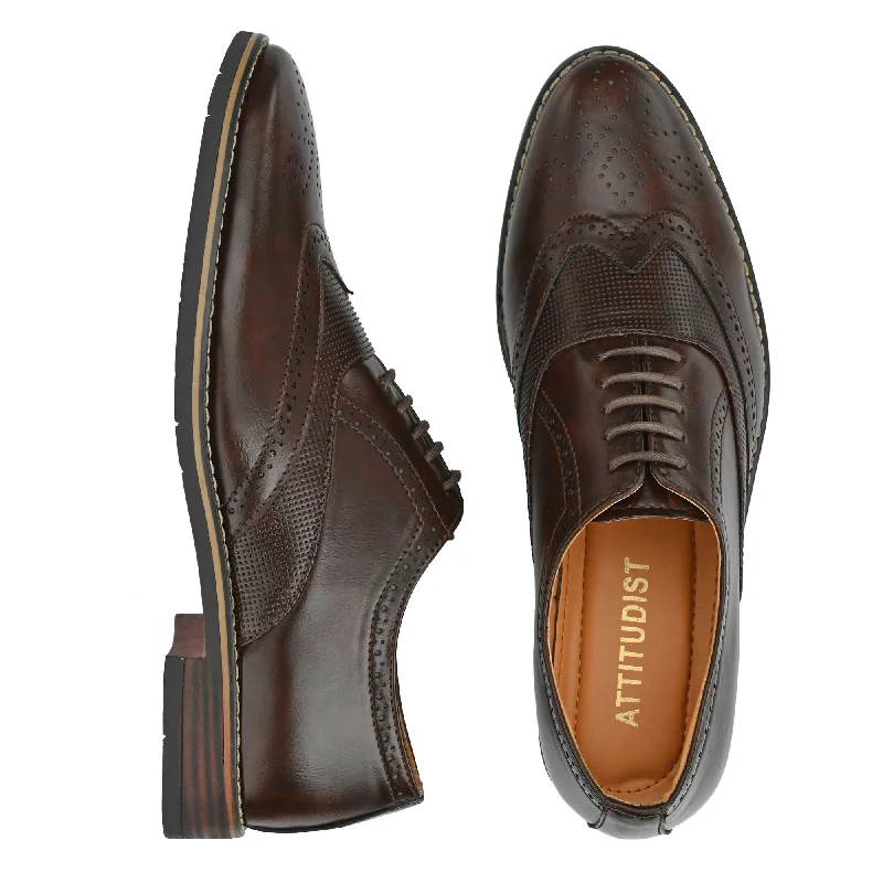 Attitudist Unisex Handcrafted Brown Formal Lace-up Derby Shoes Full Brouges With Wingtips