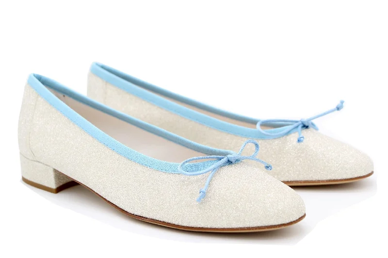 FABUCCI  Silver  Shimmer  Ballet Flat with   Blue Trim