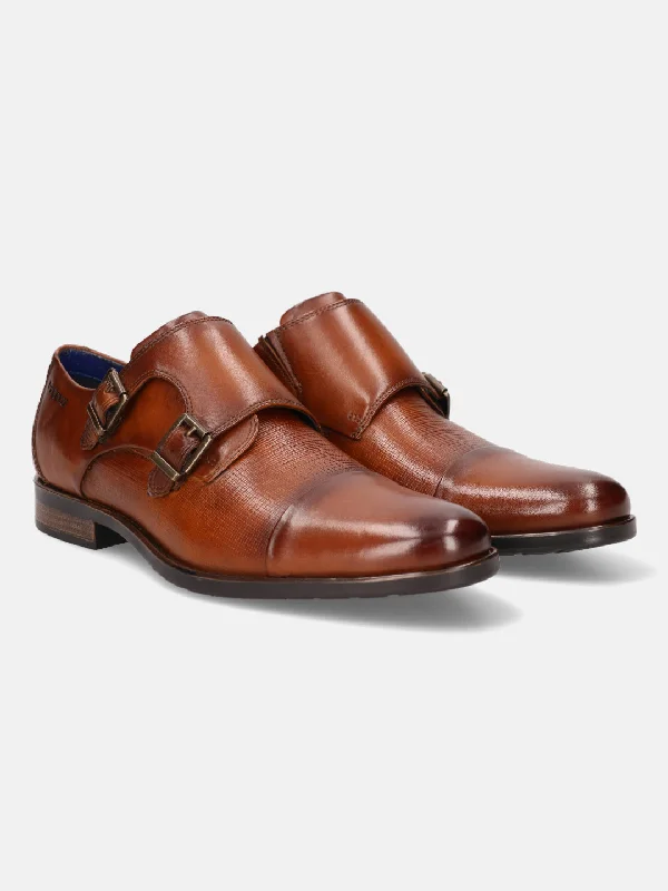 bugatti Cognac Premium Leather Monk Shoes