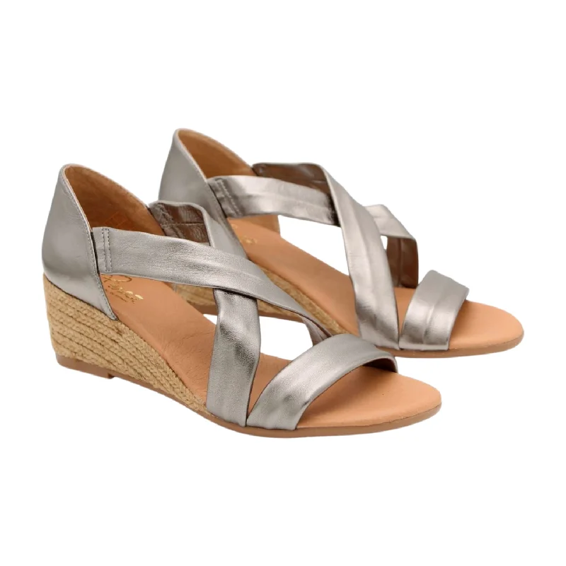 PINAZ Pewter Leather Criss Cross Wedge Sandal