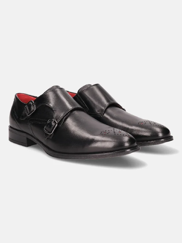 bugatti Black Premium Leather Monk Shoes