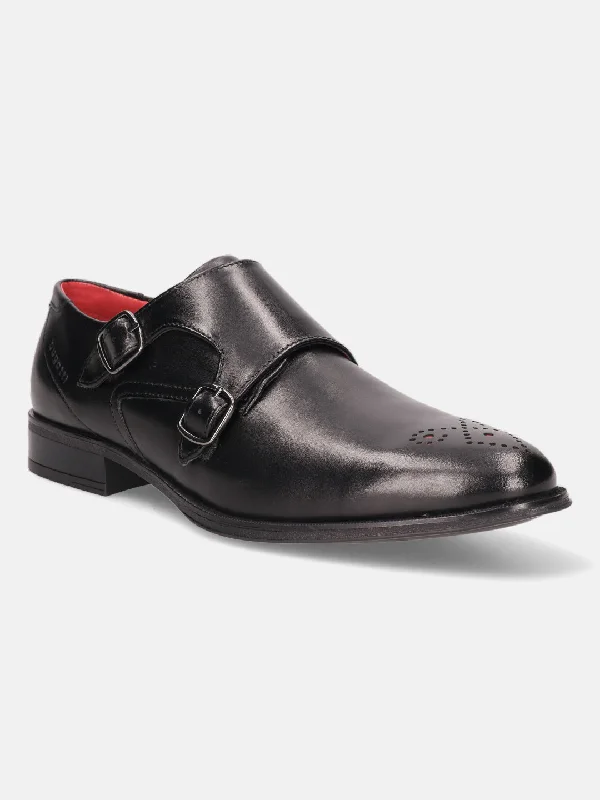 bugatti Black Premium Leather Monk Shoes