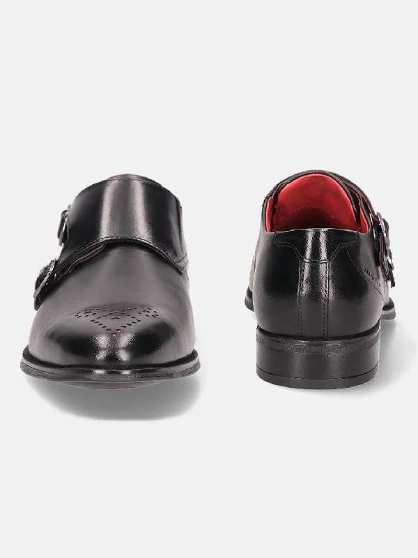 bugatti Black Premium Leather Monk Shoes