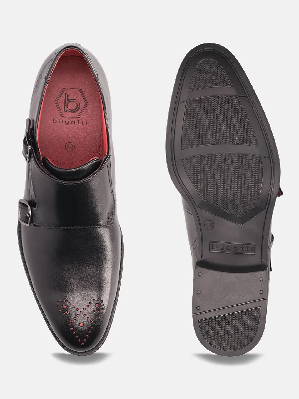 bugatti Black Premium Leather Monk Shoes