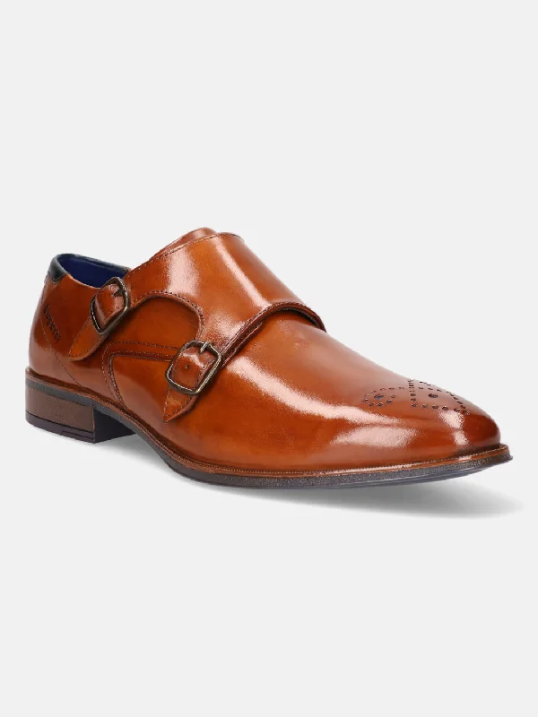 bugatti Cognac Premium Leather Monk Shoes