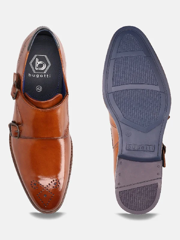 bugatti Cognac Premium Leather Monk Shoes