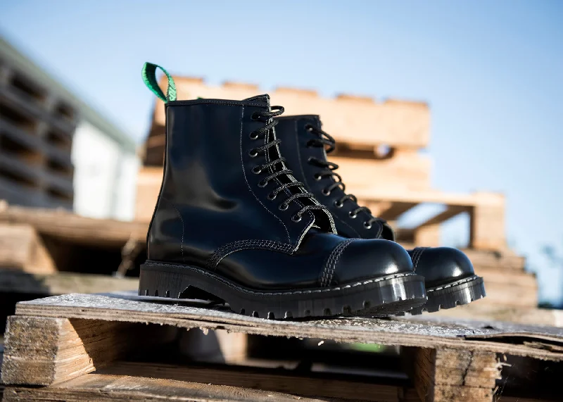 Black Hi-Shine 8 Eye Steel Toe Derby Boot