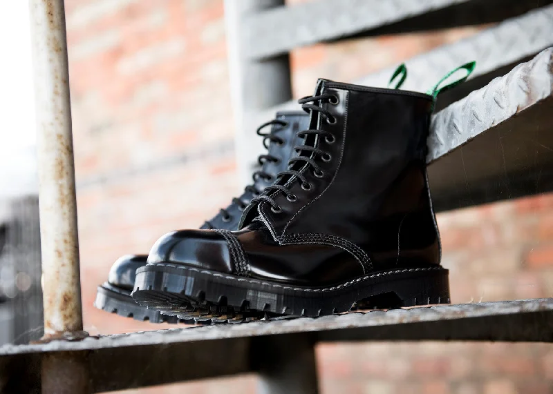 Black Hi-Shine 8 Eye Steel Toe Derby Boot